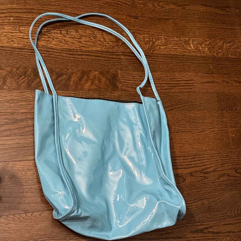 Glossy Light Blue Patent Tote Bag with Double Shoulder Straps
